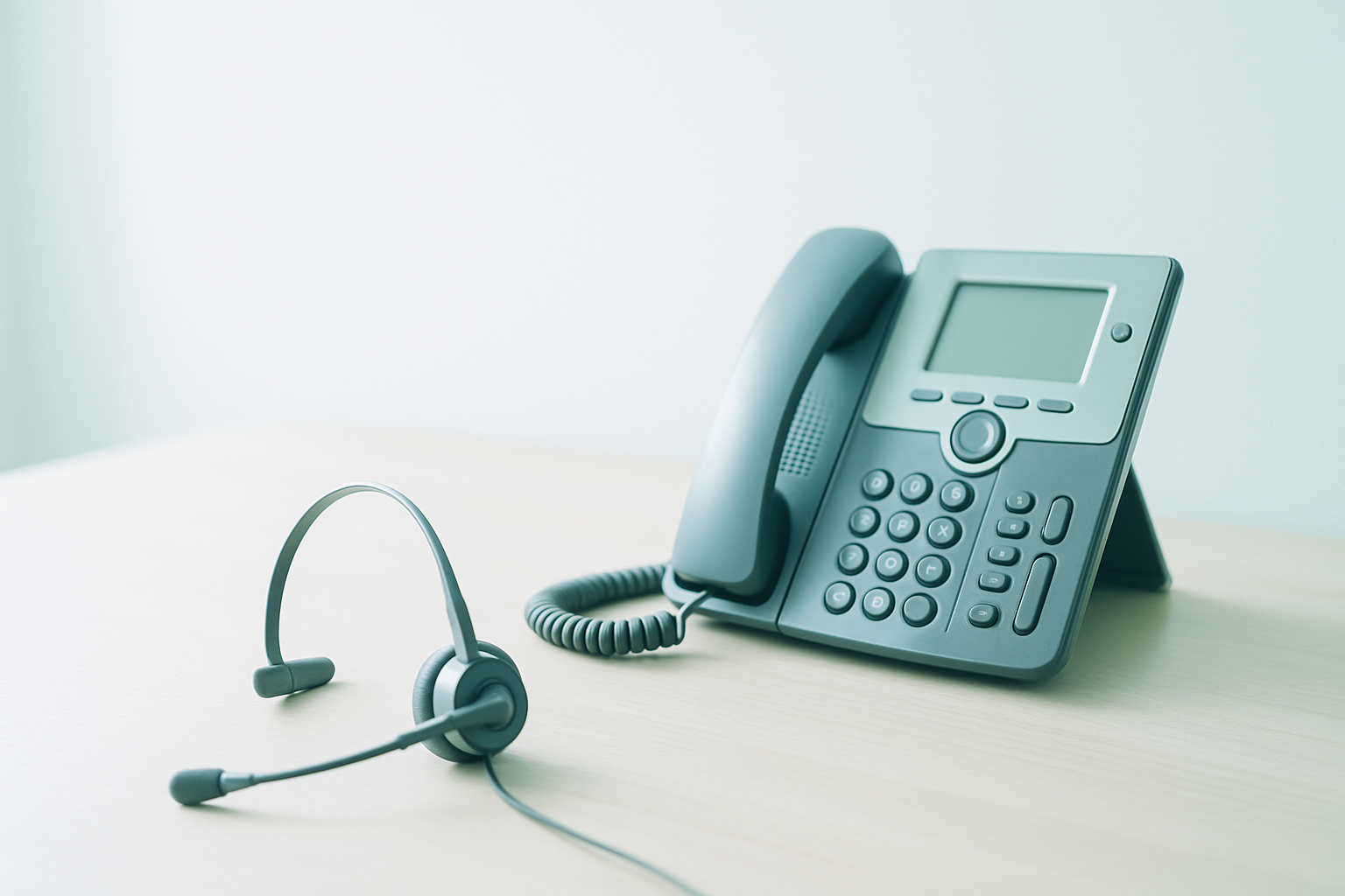 Ren arbejdsplads med IP-telefon og headset